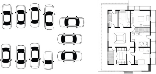 Architectural site plan with parked cars and detailed floor plan, top view vehicle symbols, parking layout, building interior, blueprint-style vector for architectural presentations ©  Alexander Creations
