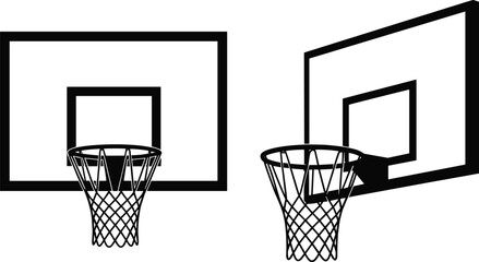 Basketball hoop and backboard vector illustration, front and angled views, detailed rim and net, sports equipment icon, basketball court accessory, athletic gear ©  Alexander Creations