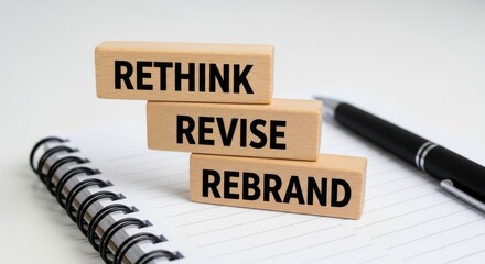 Handwritten rethink revise rebrand strategy notes on wooden blocks with spiral notebook and pen for business marketing planning concept