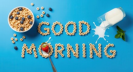 Good morning breakfast cereal bowl with milk jug and chocolate chips spelling motivational message on blue background