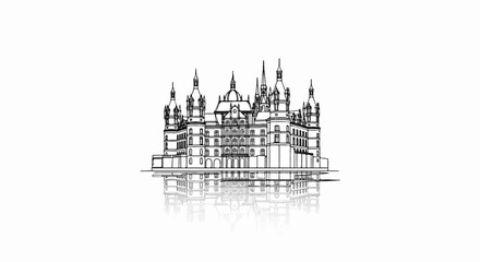 Naklejka premium Detailed architectural sketch of a grand, multi-towered castle with a dome and reflected image