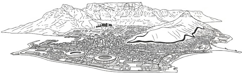 Detailed sketch of a coastal city nestled against a massive mountain range