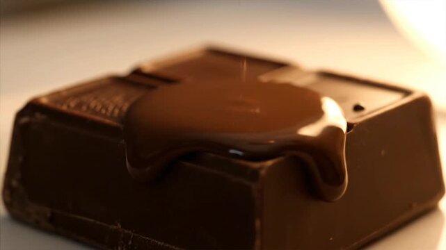 Close up of dark chocolate being poured on a square