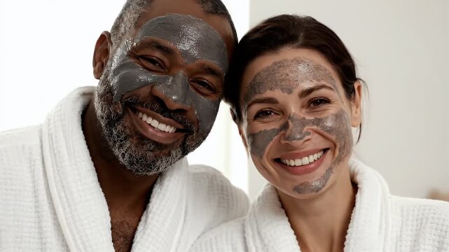 Smiling Couple in White Robes Wearing Clay Face Masks for Skincare Treatment in Bright Indoor Setting for Spa and