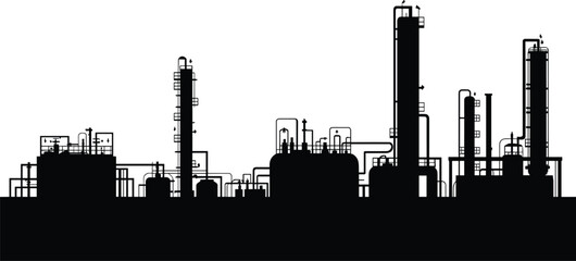 Naklejka premium Oil refinery industrial plant silhouette with distillation columns, pipelines, and storage units vector illustration for energy production and petrochemical industry