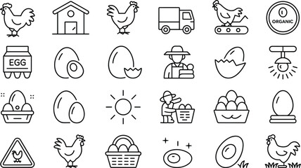 Organic egg and chicken farm icons set, poultry and egg production symbols for packaging, delivery, farm-to-table, henhouse, farmer, food industry line art ©  Alexander Creations