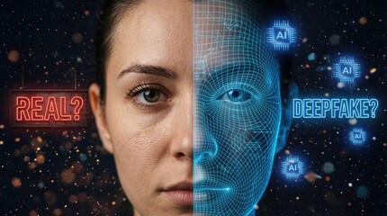 Close-up of a woman's face split between realistic features and a digital deepfake representation, highlighting the contrast between authenticity and artificial intelligence technology