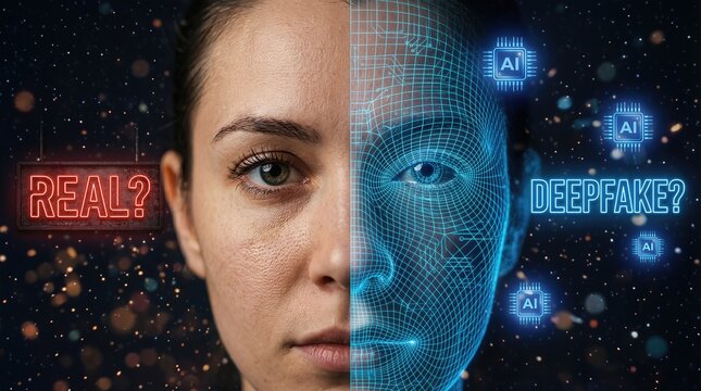 Close-up of a woman's face split between realistic features and a digital deepfake representation, highlighting the contrast between authenticity and artificial intelligence technology