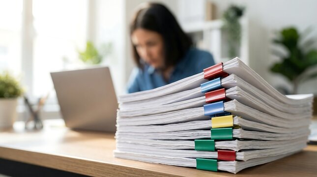 A substantial stack of organized documents, secured with colorful clips, rests on a wooden desk, indicating a busy administrative workload and efficient work.