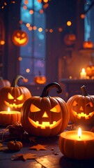 Fototapeta premium A dimly lit room with jack-o-lanterns and candles on a table