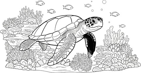 Detailed line drawing of a sea turtle swimming amidst vibrant coral reefs and small fish