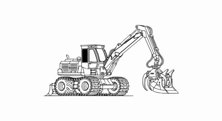 Detailed line drawing of a wheeled excavator with a grapple attachment © bolot
