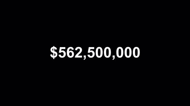 one Billion dollar counting animation from zero to one billion on a transparent background, 0 to 1,000,000,000 dollar money counter animation with alpha channel.