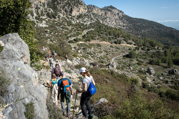 Group of hikers trekking along a mountain trail