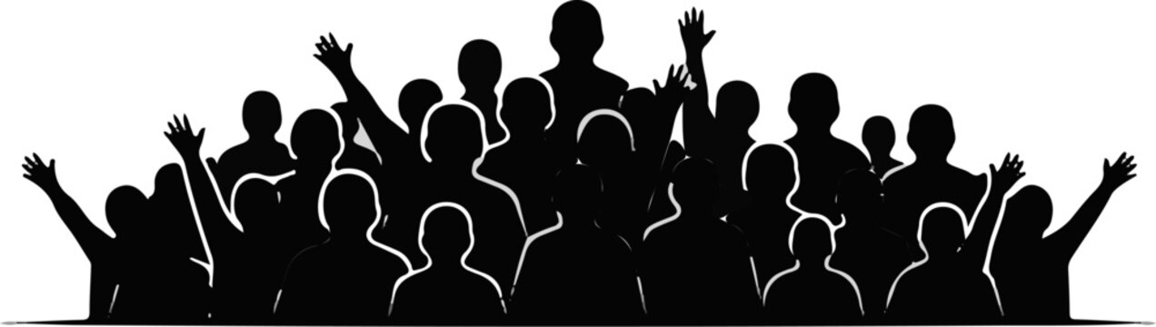 Diverse crowd of people with raised hands against a white background