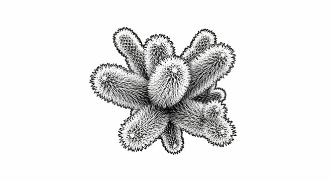 Detailed monochrome illustration of a chollas cactus cluster on a white background