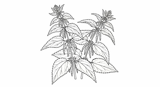 Detailed botanical illustration of flowering nettle plants