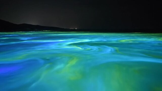 Bio luminescent algae bloom paints a bay at night illuminated by drone perspective
