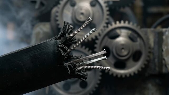 Damaged industrial cables reveal frayed ends in an industrial environment. Gears are visible in the background, indicating a manufacturing process or mechanical operation