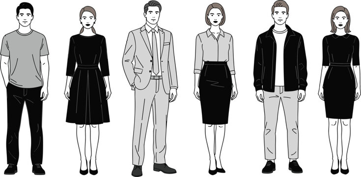 Minimalist line art illustration of men and women in various business casual and formal attire standing on white background