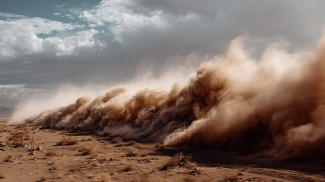 A large cloud of dust is blowing across a desert