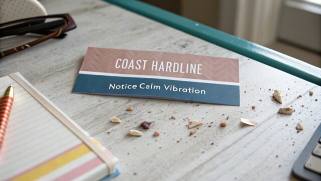 Coastal Hardline Notice on a Table Surrounded by Tiny Stones and Office Supplies for Calming Vibration Aesthetic
