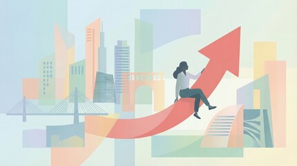Fototapeta premium Woman Sitting on an Upward Arrow Surrounded by City Skyline