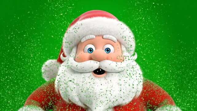 Close-up portrait of Santa Claus with a surprised expression against a vibrant green background with falling snowflakes.