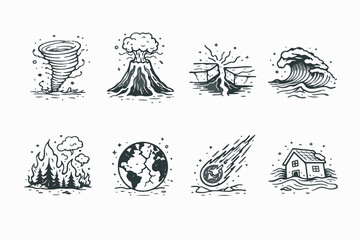 Fototapeta na wymiar Illustrative representation of various natural disasters, including a tornado, volcano eruption, earthquake, and tsunami