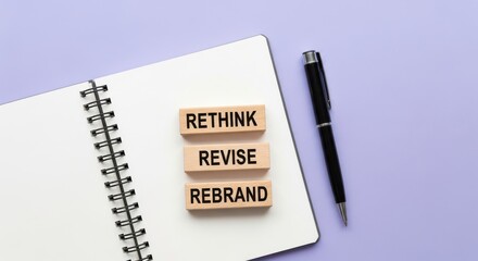 Business strategy notebook with rethink revise rebrand sticky notes and pen on minimalist desk for marketing and branding concepts