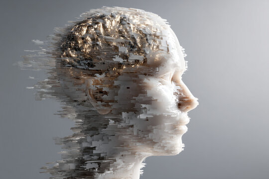 A pixelated human head in profile against a gray background slowly disintegrating