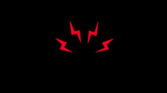 red lightning icon isolated on black screen, angry lightning cartoon animation 4k video
