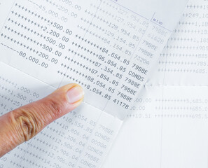 Fototapeta premium Bank account book statement balance number cash, data investment debt math in office, bill receipt and payment business credit card account, check paper financial loan tax concept.