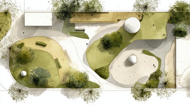 Urban park and garden layout drawing in watercolor style, illustrating modern landscape design with green spaces, paths, benches, and trees in an overhead plan view