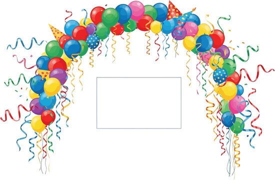 Colorful balloon arch with ribbons and streamers, a festive decoration for celebrations and events, illustrated in a graphic design