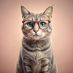 A cat wearing glasses looks directly at the camera