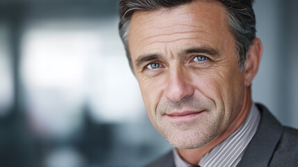 Fototapeta premium A middle-aged man in a suit smiling slightly in a blurred background