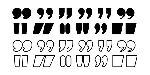 Quote right icon set. double quotation vector symbol. discussion dialog remark open and close quote sign in black filled and outlined style.