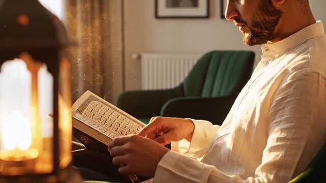 cinematic artistic side angle of young muslim man reading suspended in air slow motion thoughtf