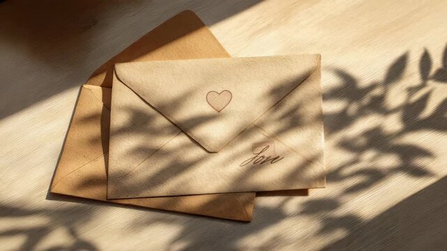 Brown envelope with heart and love inscription receiving dappled sunlight on a wooden surface
