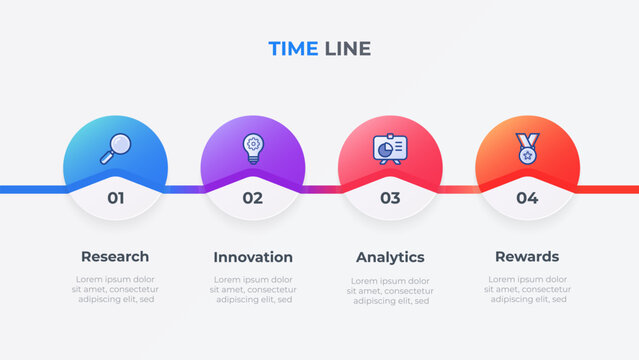  Business timeline infographic with 4 steps. Modern design with gradient colors and maketing icons. Vector illustration.