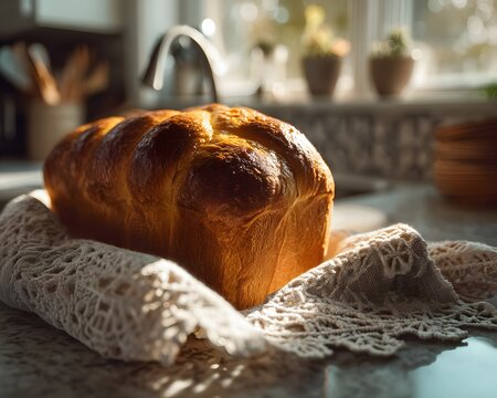 Baked golden-brown bread loaf displaying intricate gluten matrix and Maillard reaction crust, illuminated by natural light.