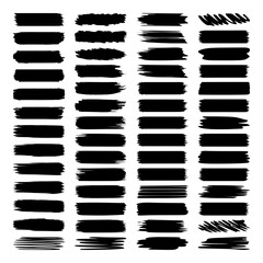 Naklejka premium Black paint brush stroke vector set. Hand drawn ink smear collection. Grunge texture elements. Vector illustration isolated on white background.