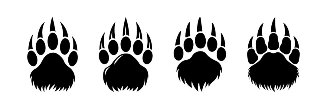 Bear paw icon set. Animal footprint sign and symbol collection. Wildlife and nature bundle. Vector illustration isolated on white background.