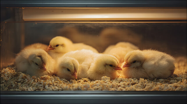 Newborn chicks huddled under heat lamp in cozy brooder on bedding