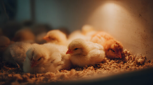 Newborn chicks huddled under heat lamp in cozy brooder on bedding