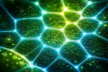 発光する葉細胞構造 &times; ネオン輪郭が浮かぶバイオテック美 &times; バイオインフォマティクス・クリーンエネルギー向け背景