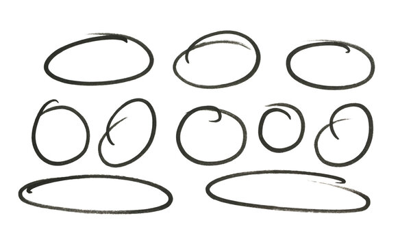 Rough highlight circles set. Doodle and scribble ellipses collection. Grunge hand drawn ovals or bubbles for emphasis. Sketchy marker round elements for collage, poster, banner, cover.