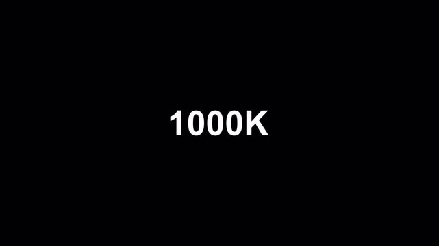 Number counter from 0 to 1000K on a black background, Counting Numbers from 0 to 1Million on a transparent background with alpha channel, Number counting from 0 to 1000k animation.