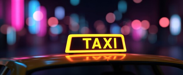 Radiant taxi rooftop sign shines bright amid blurred neon lights on a lively night street
